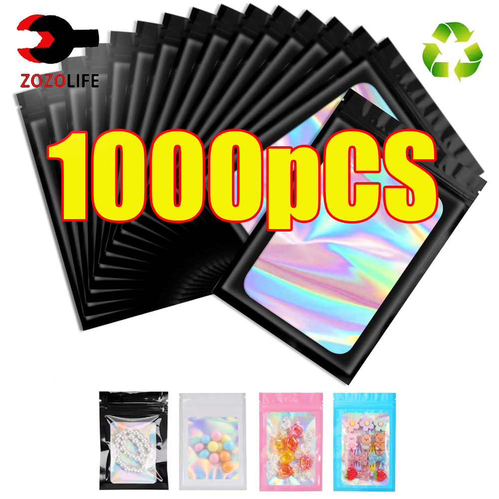 Food Storage Zip Lock Bags - 10-1000 قطعة أكياس هولوغرافية بلاستيكية سوداء